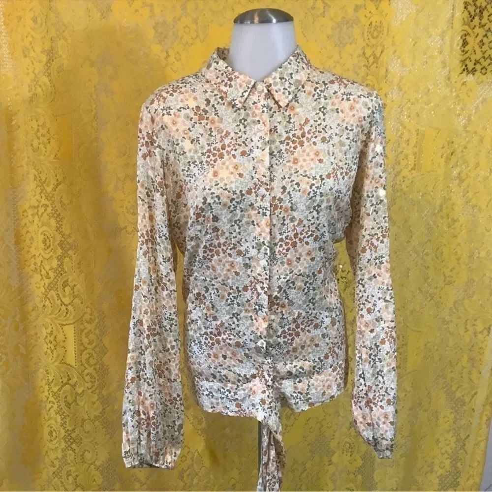 LC XL Ivory Brown Green Gold Metallic Ditsy Floral Long Sleeve Button Front Tie